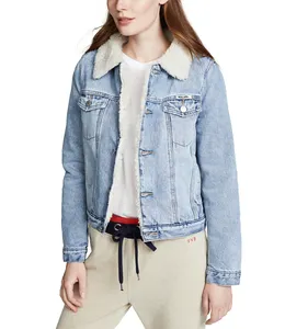 Оптовая продажа, модные джинсы на заказ для женщин, зимние теплые женские джинсовые куртки светло-голубого цвета