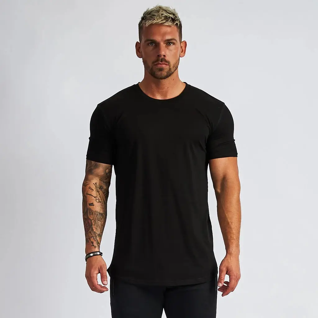 95% Baumwolle 5% Elasthan Überbackener Saum Slim Fit Custom Gym Fitness Herren T-Shirt