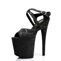 Sandales à talons hauts tendance pour femmes, imprimé léopard, plateforme, bout ouvert, bride à la cheville, chaussures sexy pour pole dance, 20 cm, 8 pouces, boîte de nuit