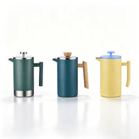 Cafetière à piston en acier inoxydable à double paroi 800 ml 1000 ml avec poignée en bois