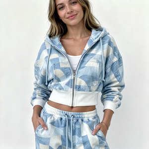 Women's Geometric Print <b>Zip</b> <b>Up</b> <b>Cropped</b> <b>Hoodie</b>, Blue Beige Matching Loungewear Bundle, Casual Sweatsuit Leisure Wear - Product Image 2