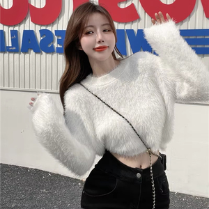 Suéter Crop Branco <span class=keywords><strong>Fuzzy</strong></span> Feminino Oversized Macio e Fluffy de Manga Longa Estilo Y2K Aesthetic Inverno Casual Streetwear - Product Image 1