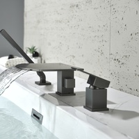 Robinet de baignoire gris anthracite à 3 trous, montage sur pont, bec cascade large et plat, levier carré, avec douchette à main incluse