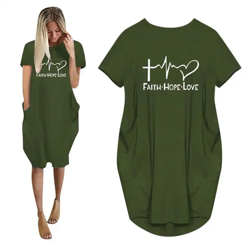 Women Dresses Faith Hope Love Heartbeat Cross Jesus Short Sleeve Dress Letters Print Clothing Summer Vestidos Drop Ship 5XL