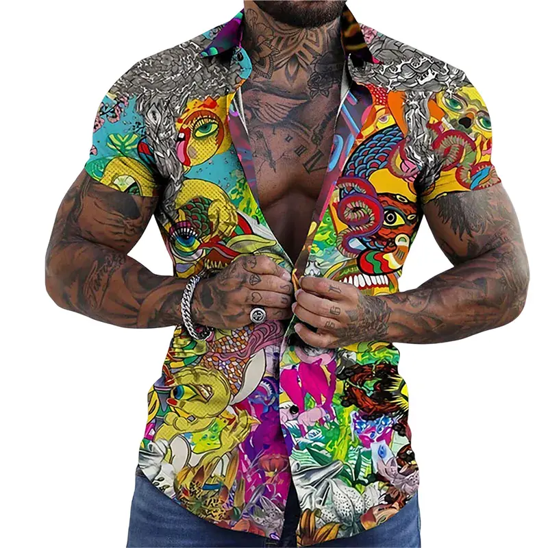 남자 셔츠 3D 인쇄 반팔 탑 비치 캐주얼 티셔츠 남성 의류 위장 하와이 휴가 셔츠