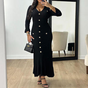 Nuovo <span class=keywords><strong>Abito</strong></span> Lungo Elegante Autunnale <span class=keywords><strong>in</strong></span> <span class=keywords><strong>Maglia</strong></span> con Scollo a V, Maniche Lunghe e <span class=keywords><strong>Bottoni</strong></span>, Aderente, Tinta Unita per Donna - Product Image 4