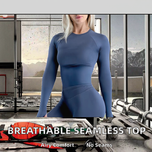 Haut de sport respirant sans couture en Spandex/Nylon pour femme, col rond, ajusté, à manches longues, idéal pour le fitness, le yoga et les activités sportives en extérieur - Product Image 2