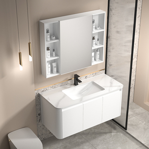 Tocadores de baño de madera maciza con espejo Lavabo simple Gabinete de fregadero de lavado a mano Combinación elegante - Product Image 1