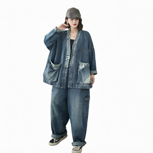 Oversized Denim Jacket and <b>Wide</b> <b>Leg</b> <b>Cargo</b> Pants Set Contrast Print Two Piece Outfit for Spring Autumn Casual Wear - Product Image 1