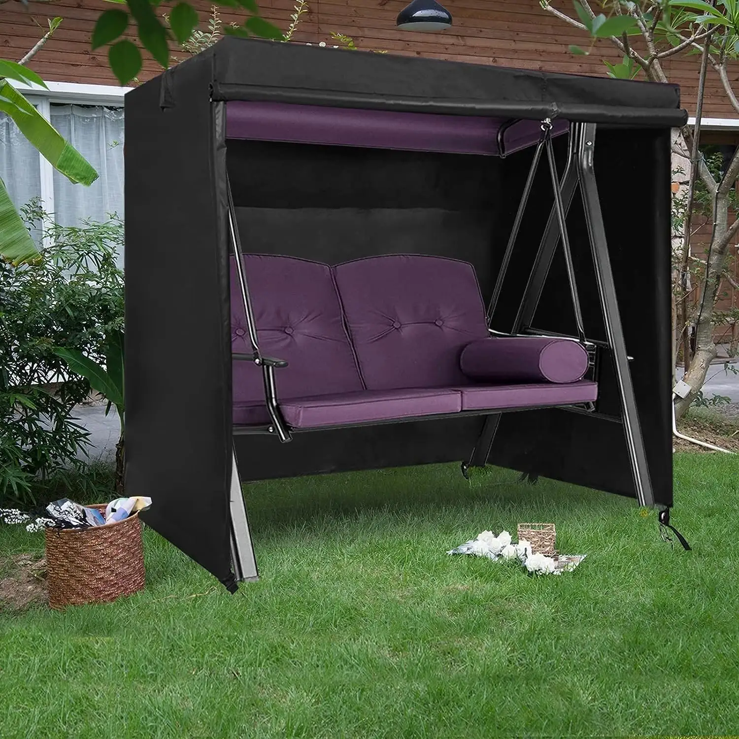 Outdoor swing three seater hammock cover garden waterproof glider chair cover UV resistant top cover black