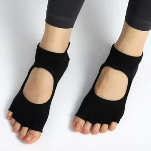 Meias de ioga femininas antiderrapantes de algodão de cor sólida com cinco dedos, meias pilates sem dedos