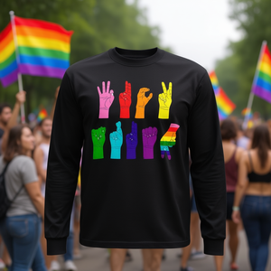 Camiseta de manga larga con diseño de lenguaje de señas LGBTQ, gestos de manos arcoíris, diseño de orgullo - Product Image 3
