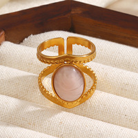 Bague élégante en acier inoxydable avec pierre naturelle ajustable, géométrique, ovale rose, pour femme, vente en gros