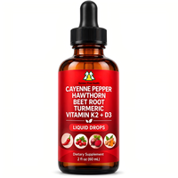 Perseek Complément alimentaire au poivre de Cayenne, gouttes liquides orales, baies d'aubépine, vitamine D3 K2, poudre de betterave, cannelle de Ceylan, curcuma, pour adultes
