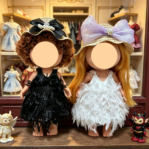 Vêtements de poupée, ensemble robe et chapeau en plumes, noir et blanc, pour filles, poupée de 24cm, jouet de dessin animé, tenue de mode de style occidental - Product Image 6