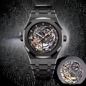 Montre squelette automatique à quartz pour homme avec logo personnalisé, bracelet en crocodile et cadran en verre - Product Image 5