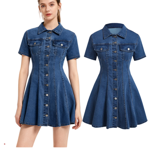 218735 Abiti Estivi in Denim Personalizzati per Donne, Classico <span class=keywords><strong>Vestito</strong></span> Corto in <span class=keywords><strong>Jeans</strong></span> con Bottoni, Maniche Corte e Colletto Rovesciato - Product Image 1