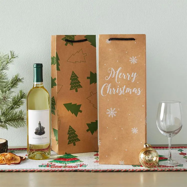 Embalaje de botella de licor de champán, bolsas de papel kraft marrón con mango, respetuosas con el medio ambiente, regalo de Navidad, venta al por mayor