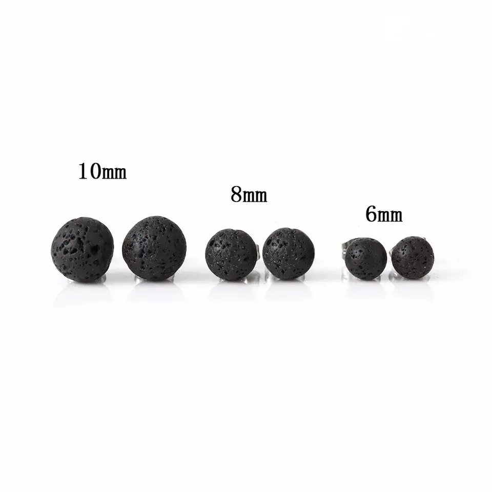 Punk Rock Essential Oil Diffuser Round Ball Ear Studs Natural Black Lava Stone Stud Earrings For Men