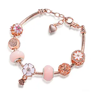 Fashion Jewelry Women Rose Gold Heart Bracelet Girls DIY Pink Bead Zircon Flower Charm Bracelet For Women