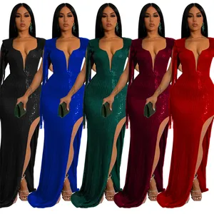 customize party sleeveless luxury tassel fringe metallic sequin ladies high slit party dinner evening dress long red with sequin