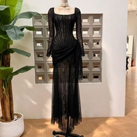 Nouvelle Robe Plissée en Dentelle à Motif Arête de Poisson, Manches Longues, Taille Cintrée, Coupe Ajustée, Jupe Mi-longue pour Femme – Collection Automne 2026