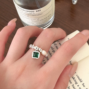 <b>Silver</b> Ruitai S925 Sterling <b>Silver</b> Emerald <b>Ring</b> Square Geometric Design <b>Adjustable</b> For Women - Product Image 1