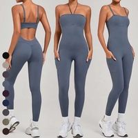 Combinaison de yoga et de sport pour femme, sans manches, à col noué, dos évidé, avec fronces sur le devant et design froncé sur les côtés aux fesses