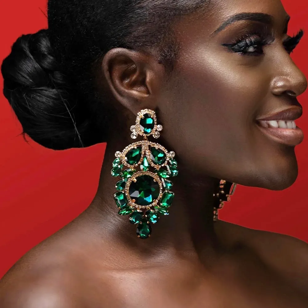 Vente chaude luxe style africain rétro géométrique cristal fleur boucles d'oreilles alliage vert strass boucles d'oreilles bijoux pour femmes