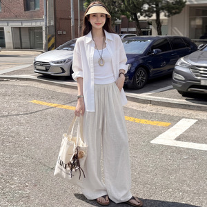 <span class=keywords><strong>Pantaloni</strong></span> Larghi Estivi da <span class=keywords><strong>Donna</strong></span> Muguyu in <span class=keywords><strong>Lino</strong></span> Bianco e Poliestere Viscosa, Vita Alta, Vestibilità Ampia, Casual, a Gamba Larga - Product Image 3