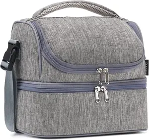 Hot Sale Double Decker Cooler Insulated Lunch Bag Large Tote for Boys Girls Men Women With Adjustable Strap (Grey)