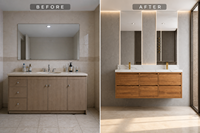 Meuble-lavabo mural double vasque avec plan en pierre frittée, vasque en céramique, armoire en placage de bois, luxe moderne