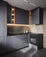 Armoires de cuisine sans poignées en graphite mat Vermont, en forme de L, modulaires, avec rangement LED pour projets résidentiels