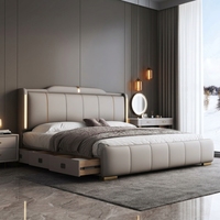 Cadre de lit King/Queen personnalisable en cuir minimaliste avec rembourrage confortable, structure en bois de pin, rangement intégré, écologique