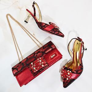 Sepatu dan Tas Set Warna Merah Italia untuk Wanita, Pakaian Pesta Baru, Model Wanita, Hak Tinggi 7 CM, PU Floral, Sepatu Musim Panas Kulit PU - Product Image 2