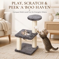 Arbre à chat compact en bois avec poteaux à gratter en sisal, perchoir supérieur et jouet suspendu pour chatons, OEM ODM, emballage carton, design minimaliste