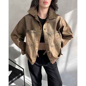 Chaqueta Camisera Vaquera Vintage Oversize para Mujer, Abrigo Casual Marrón de Algodón con Botones Delanteros - Product Image 1