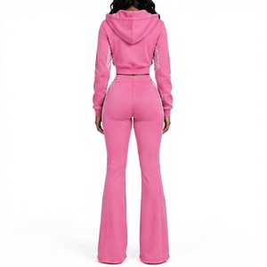 Custom Logo Women's <b>Cropped</b> <b>Zip</b> <b>Up</b> <b>Hoodie</b> and Flared Pants Tracksuit Set <b>Hoodie</b> and Flare Leg Two Piece Activewear Set - Product Image 2