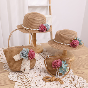 Commercio all'ingrosso alla moda di perle per bambini cappelli di paglia da sole vacanze estive borsa da spiaggia e cappello Set - Product Image 3