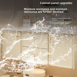 Meuble-lavabo mural élégant crème avec <span class=keywords><strong>miroir</strong></span> arrondi, vasque en céramique profonde et rangement - Product Image 6