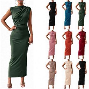 Nouvelle Arrivée I-0638 Robe Longue Asymétrique Peinte Sans Manches Décontractée Couleur Unie Dos Nu Moulante Naturelle pour Femme - Product Image 1