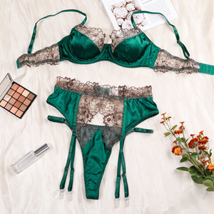 New Luxury Dark <strong>Green</strong> Women's Embroidered Flower Lingerie <strong>Set</strong> Sexy Satin <strong>Underwear</strong> <strong>Set</strong> for Woman - Product Image 6