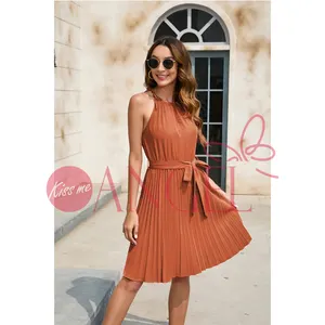 summer fashion new ladies pleated dresses KISS ME ANGEL elegance waist in halter drawstring lacing dress