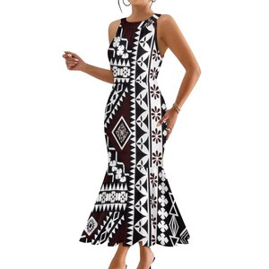 Abito da Sirena Samoana, Abbigliamento Tribale Polinesiano, Tessuto Tapa Masi, Design Tribale Fidziano, Abito Senza Maniche a Coda di Pesce - Product Image 3
