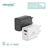 Chargeur rapide EU 25W avec QC3.0/PD3.0/SCP/GAN, double port USB Type-C, design ignifuge, certifications complètes, protection OTP/OVP