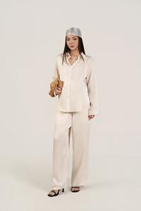 Pantalones de mujer elásticos de cintura media, de verano, al por mayor, casuales, de ajuste holgado, de pierna ancha, lisos, de mezcla de seda, transpirables, de lana, antiarrugas - Product Image 2