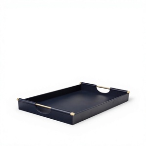 Plateau décoratif rectangulaire bleu marine moderne avec poignées en métal, design minimaliste pour la maison ou le bureau - Product Image 1
