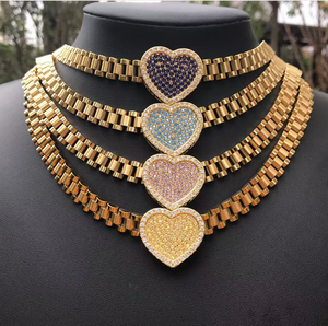 Collar de Moda Personalizado con Cadena de Eslabones Tipo Nugget de Acero Inoxidable, con Colgante de Corazón con Circonita y Piedra de Nacimiento de 12 Meses - Product Image 1