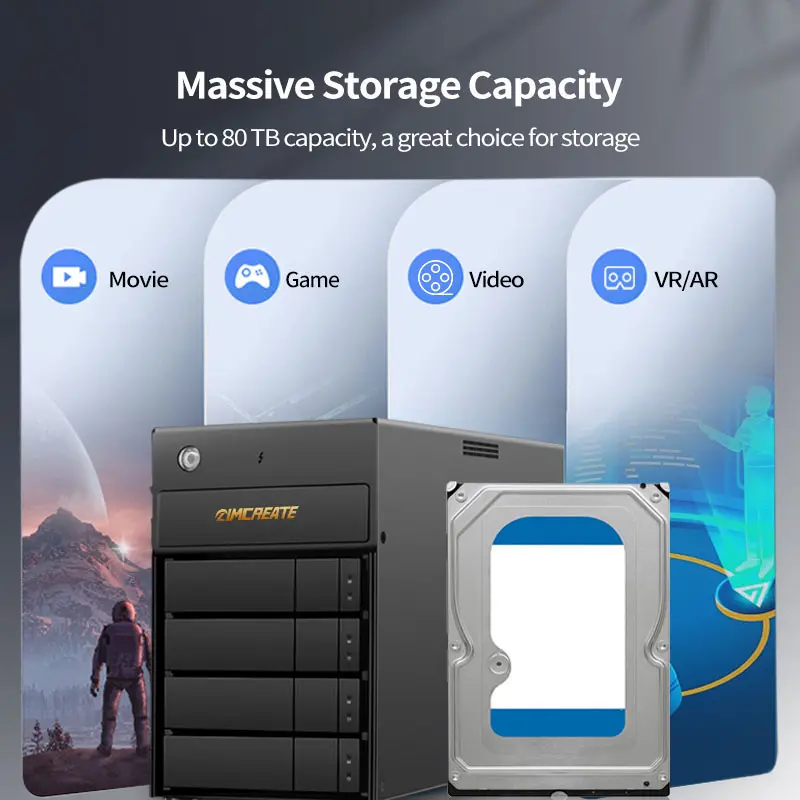 Timcreate OEM Direct Attached Storage nvme Externe 16 to 32 to 72 to 80 to Raid 5 Array Disques durs SSD à semi-conducteurs 4 baies