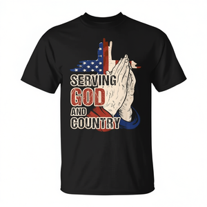 T-shirt promotionnel chrétien patriotique : Servir Dieu et la Patrie avec le Drapeau Américain et la Croix - Product Image 2